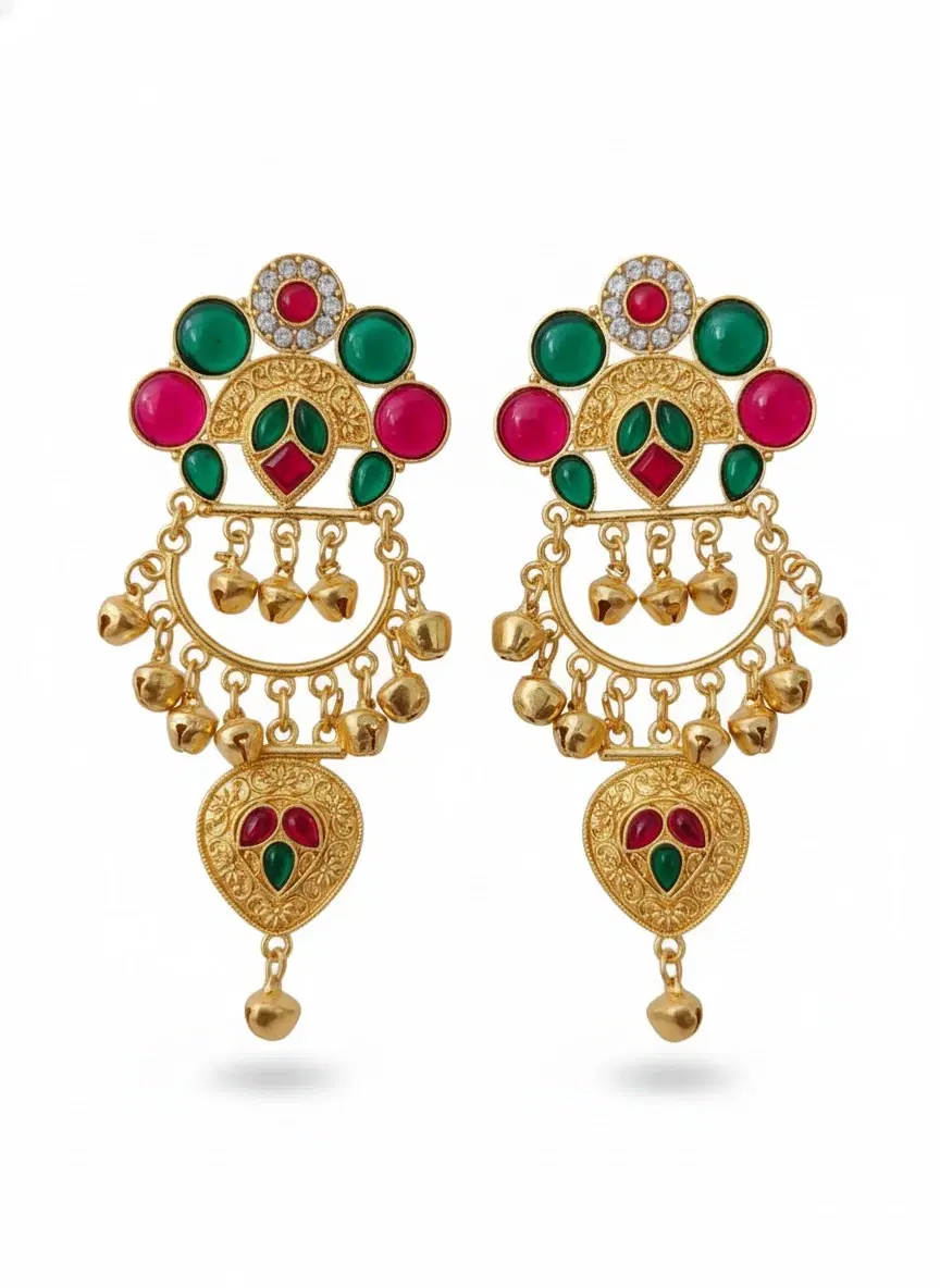 Gold-Tone Traditional Chandbali Earrings with Green & Pink Stones