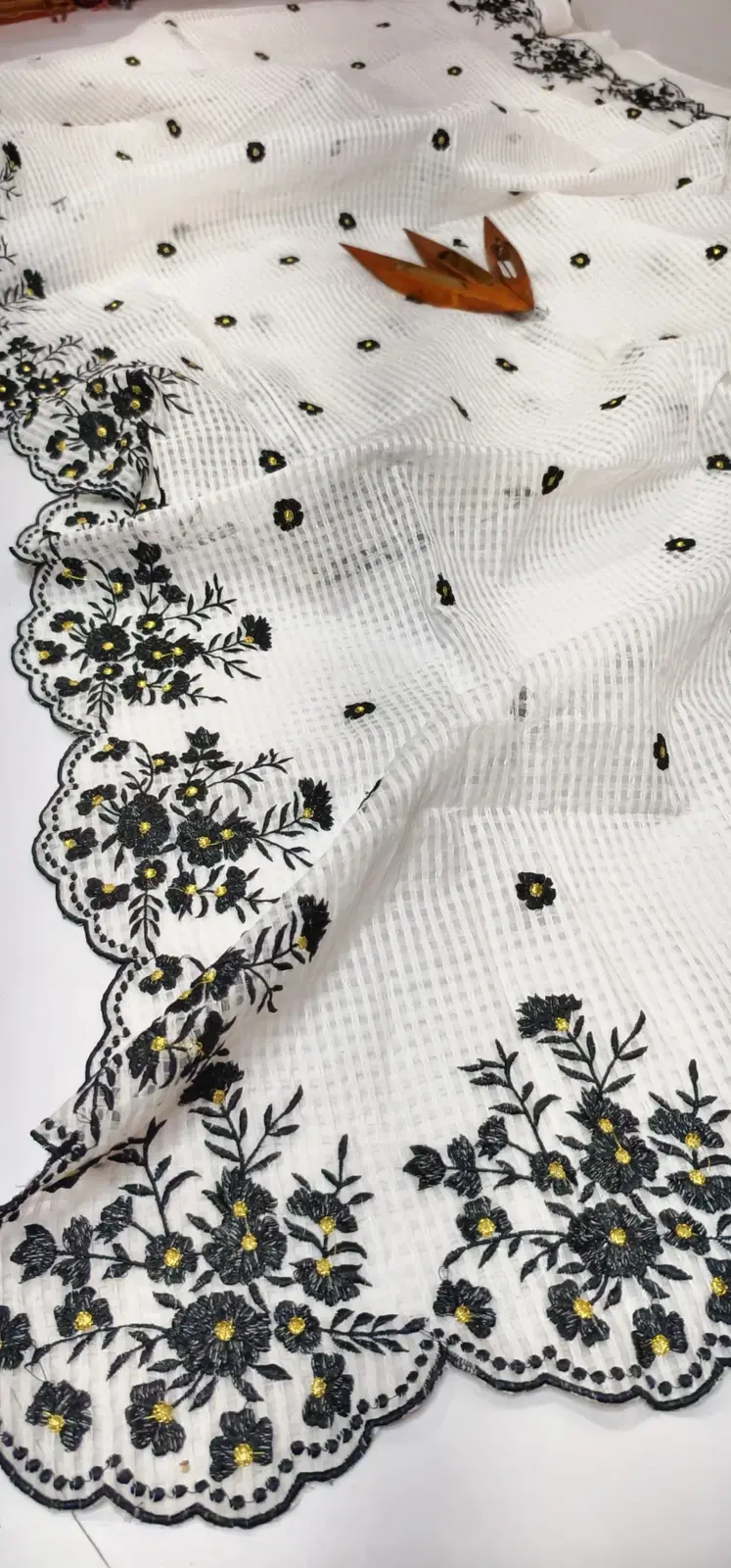 White Kota Doria Embroidered Saree with Black Floral Border