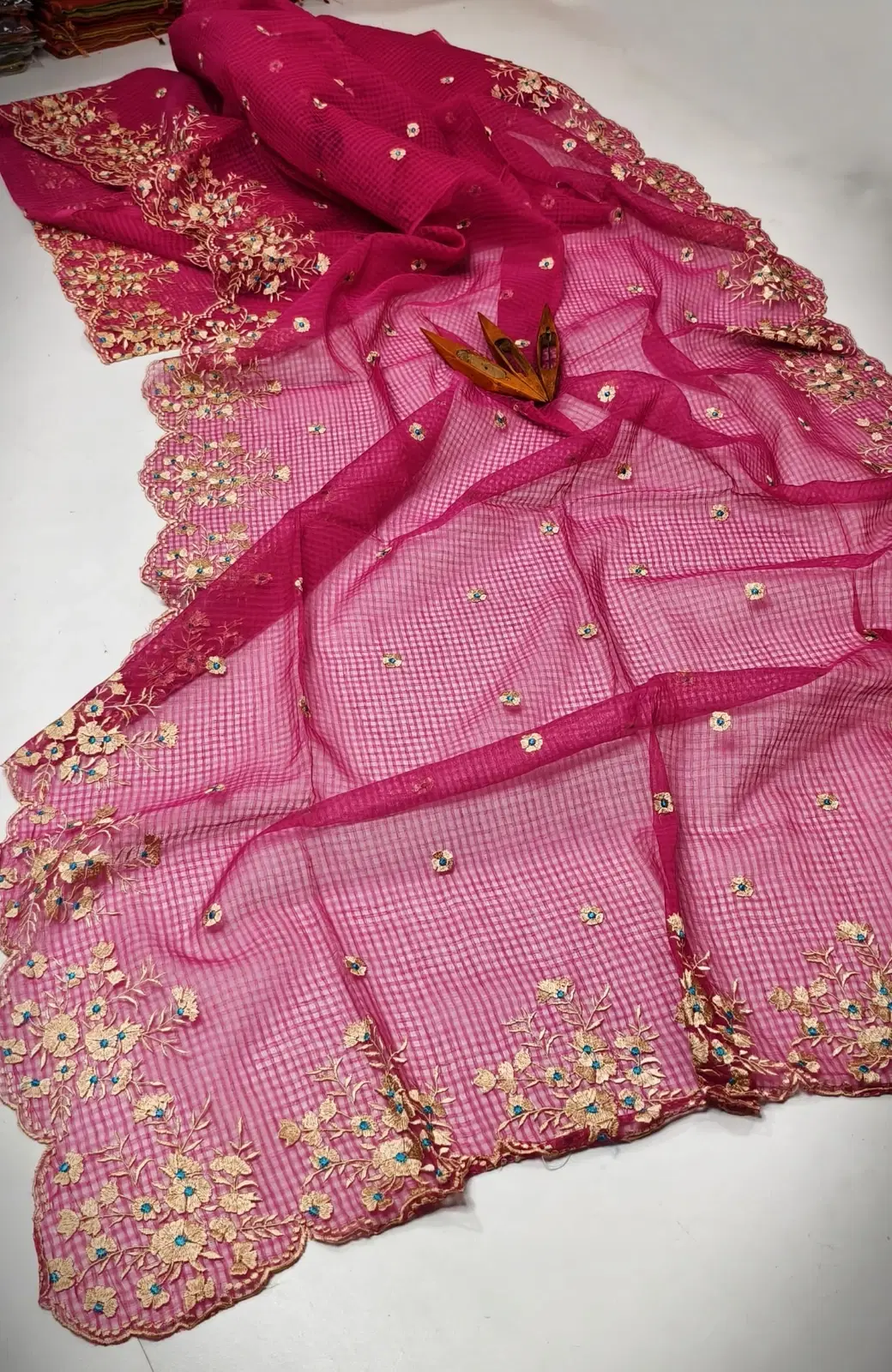 Pink Kota Doria Embroidered Saree with Floral Border