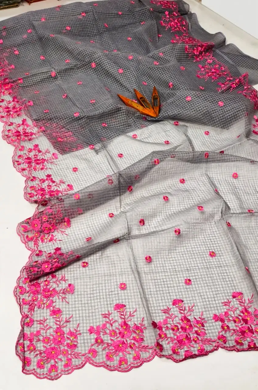 Grey Net Saree with Pink Floral Embroidered Border