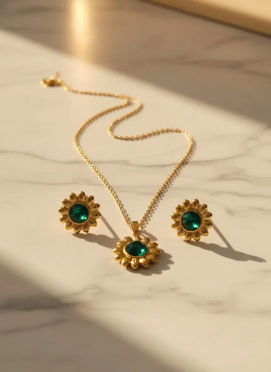 Gold-Tone Floral Pendant Necklace with Matching Stud Earrings Set