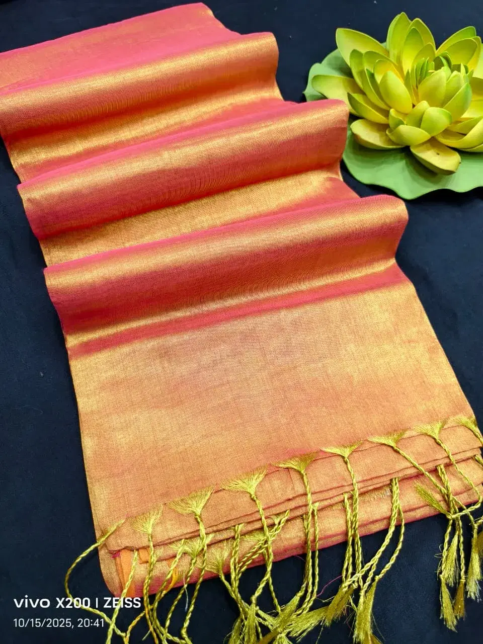 Emerald Shimmer Tissue Saree with Tassels
