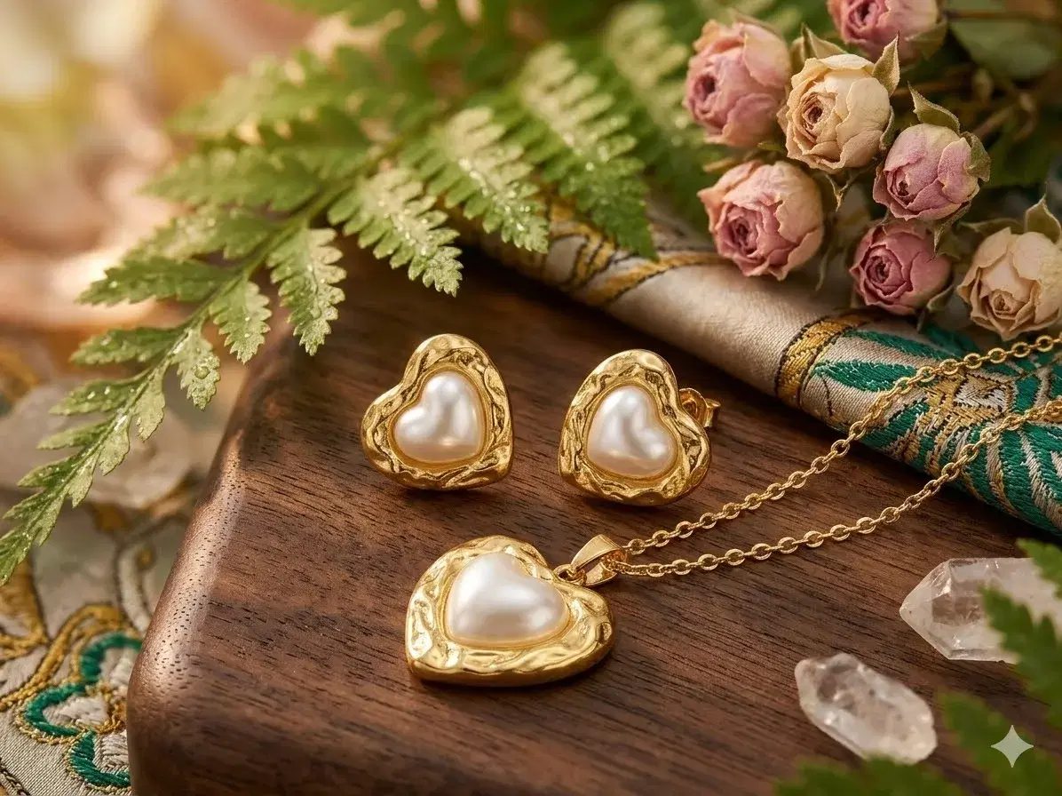 Gold-Tone Heart Pearl Pendant Necklace with Matching Stud Earrings Set