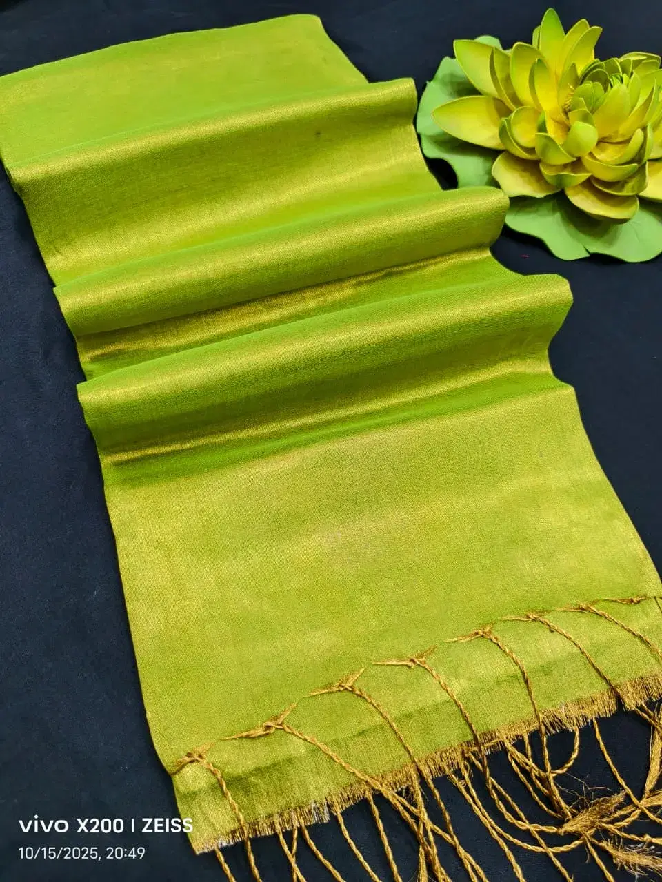 Emerald Shimmer Tissue Saree with Tassels