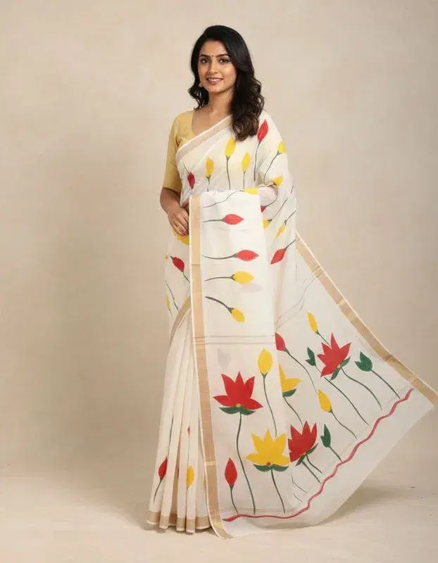Kerala Cotton Saree with Hand Paint with Blouse Piece