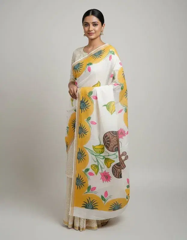 Kerala Cotton Saree with Hand Paint with Blouse Piece