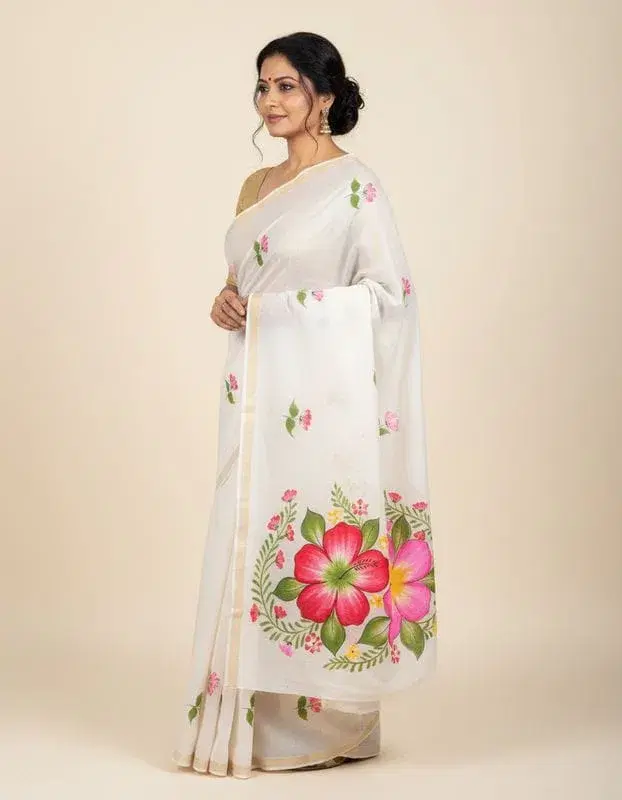 Kerala Cotton Saree with Hand Paint with Blouse Piece