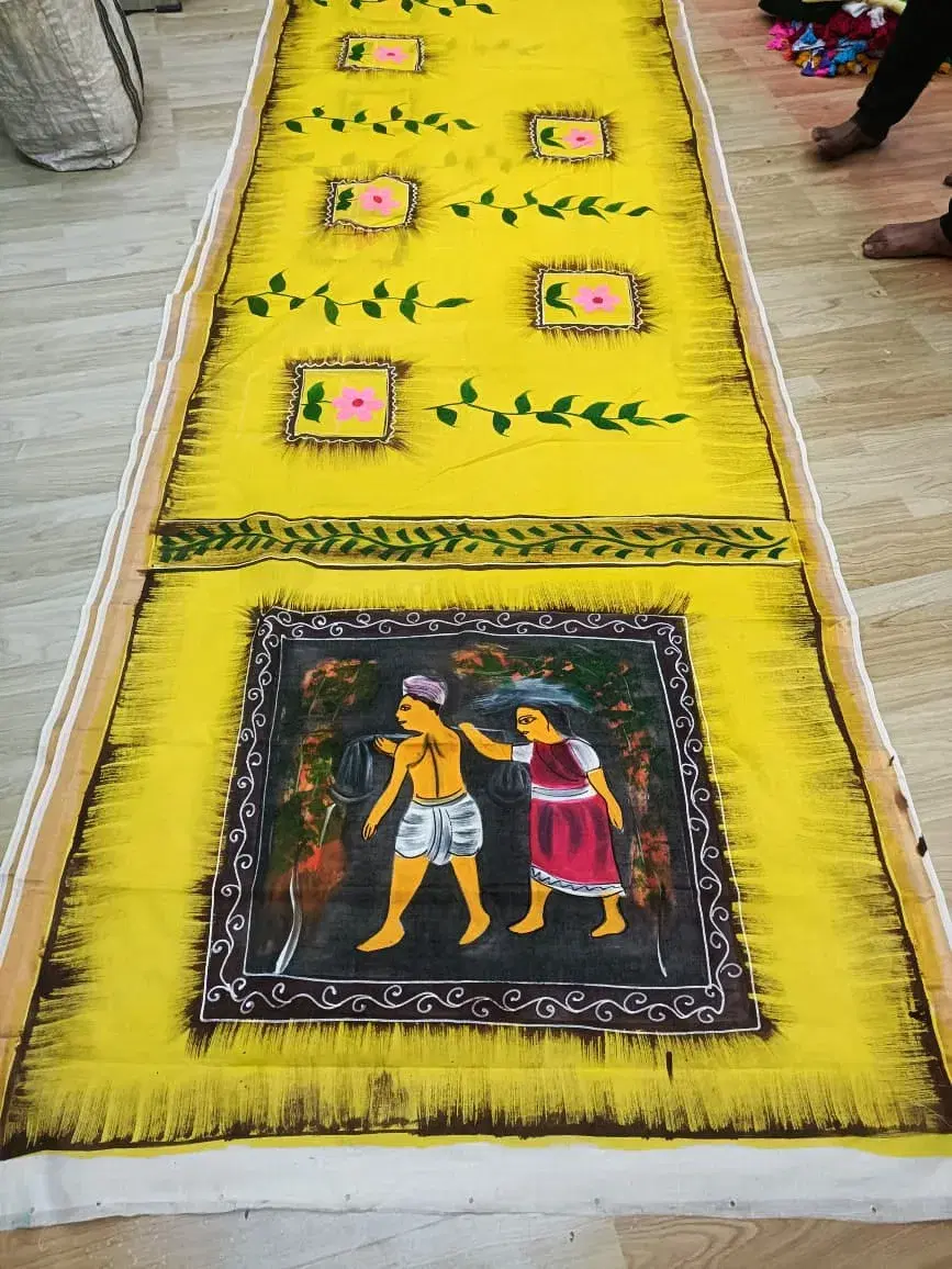 Hand-Painted Yellow Traditional Silk Saree with Folk Art Print