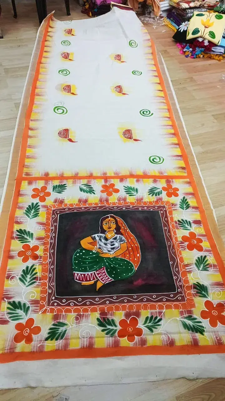 Hand Painted White Cotton Saree with Folk Art Border