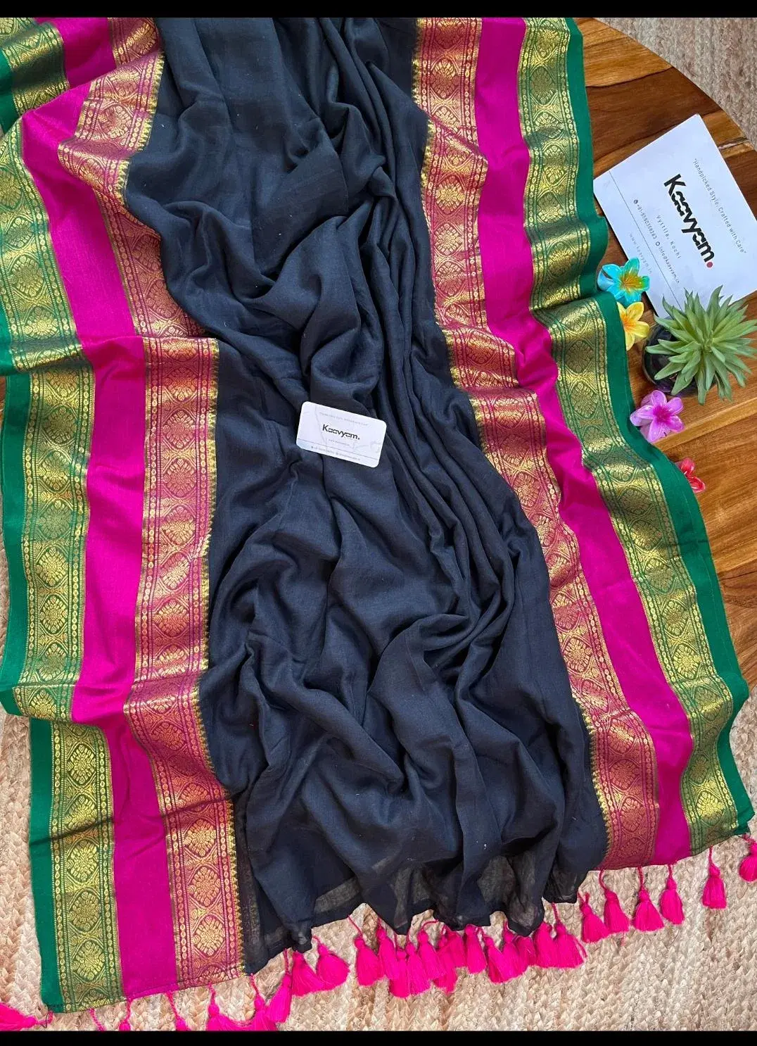Women's Black Silk Saree with Pink & Green  Border