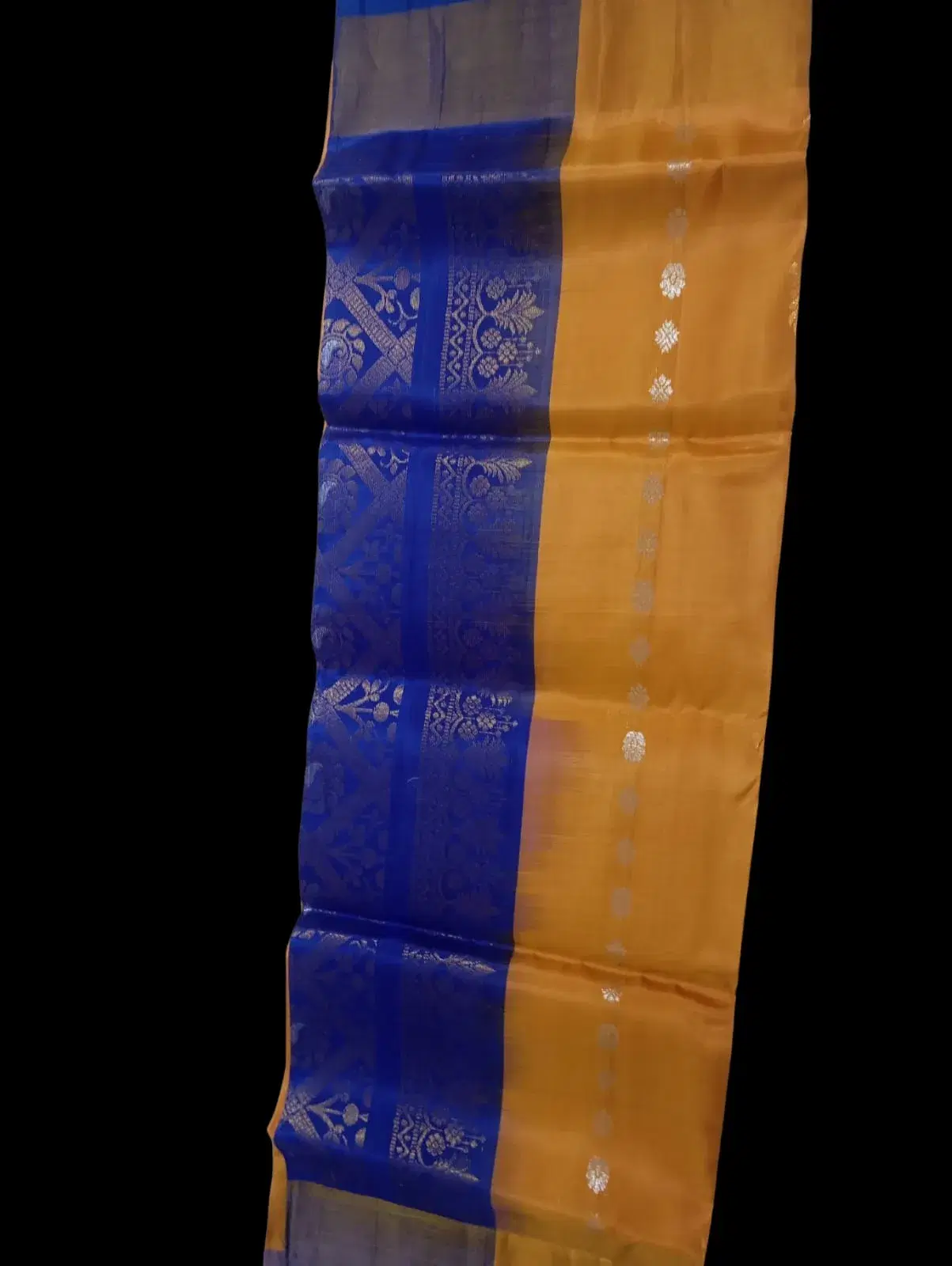 Mustard Yellow Kanchi Pure Silk Saree with Royal Blue Zari Border