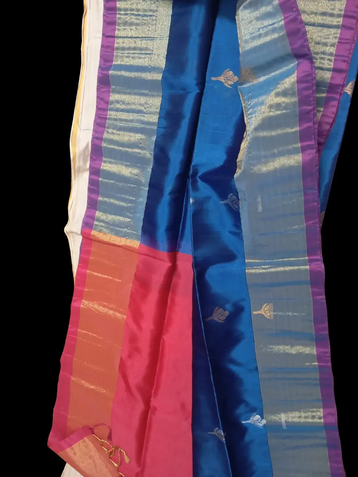 Blue Pure Silk Saree with Silver Zari Border and Pink Pallu