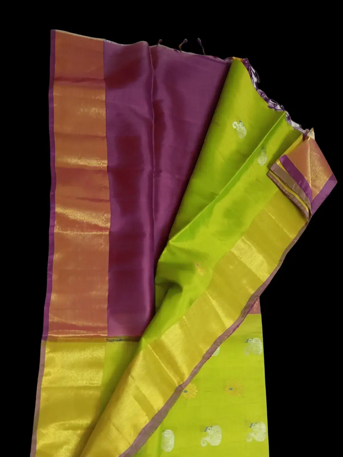 Pure Silk Saree with Lime Green Body and Purple-Gold Border
