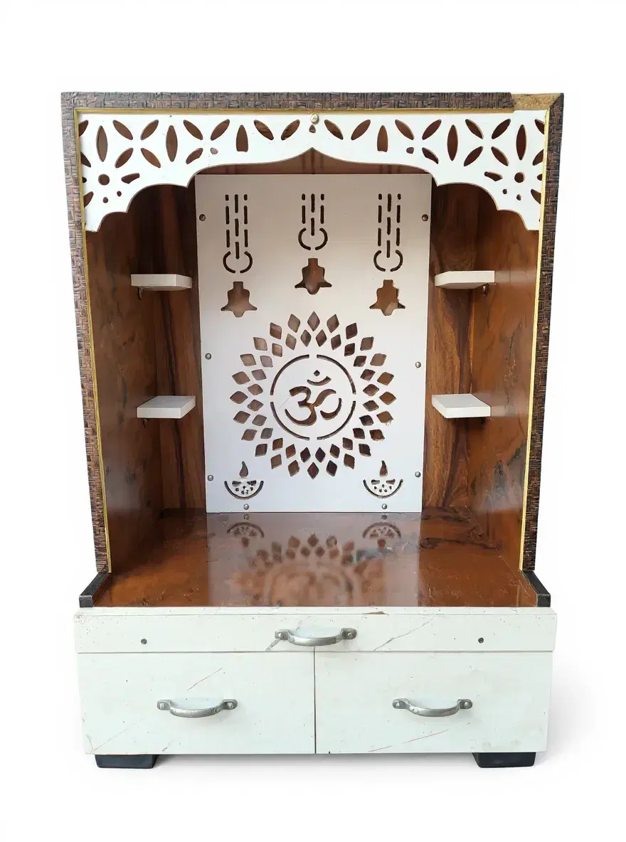 Wooden Home Temple Mandir with Om Cutwork and Storage Drawers