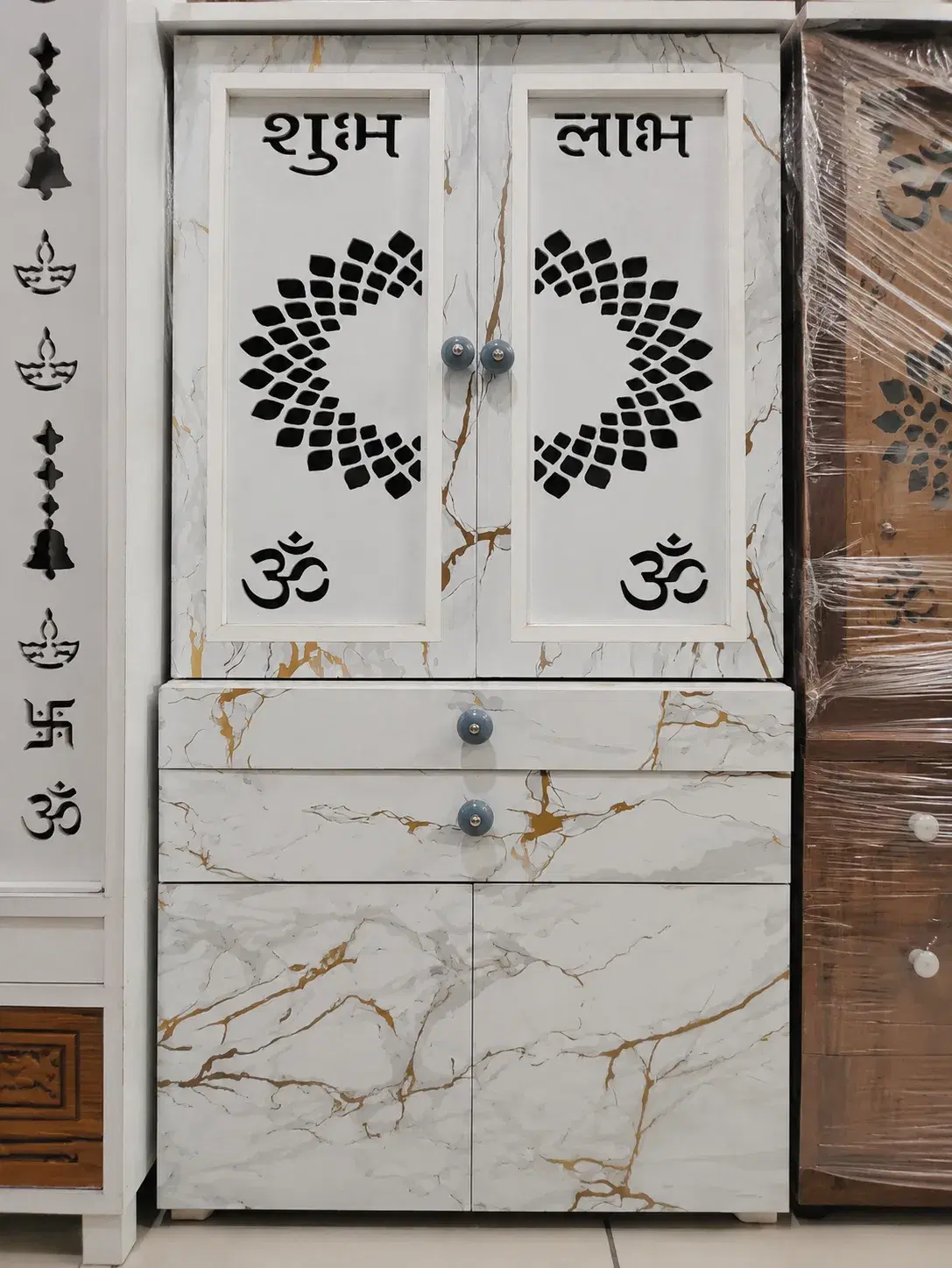 Shubh Labh Wooden Pooja Mandir Cabinet with Storage Drawers