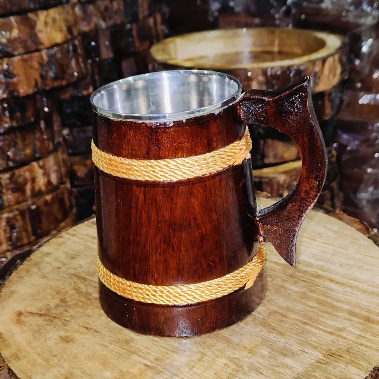 Wooden Finish Stainless Steel Beer Mug with Handle