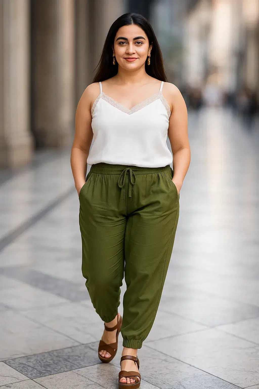 Women's Olive Green Relaxed Fit Smocked Waist Jogger Pants
