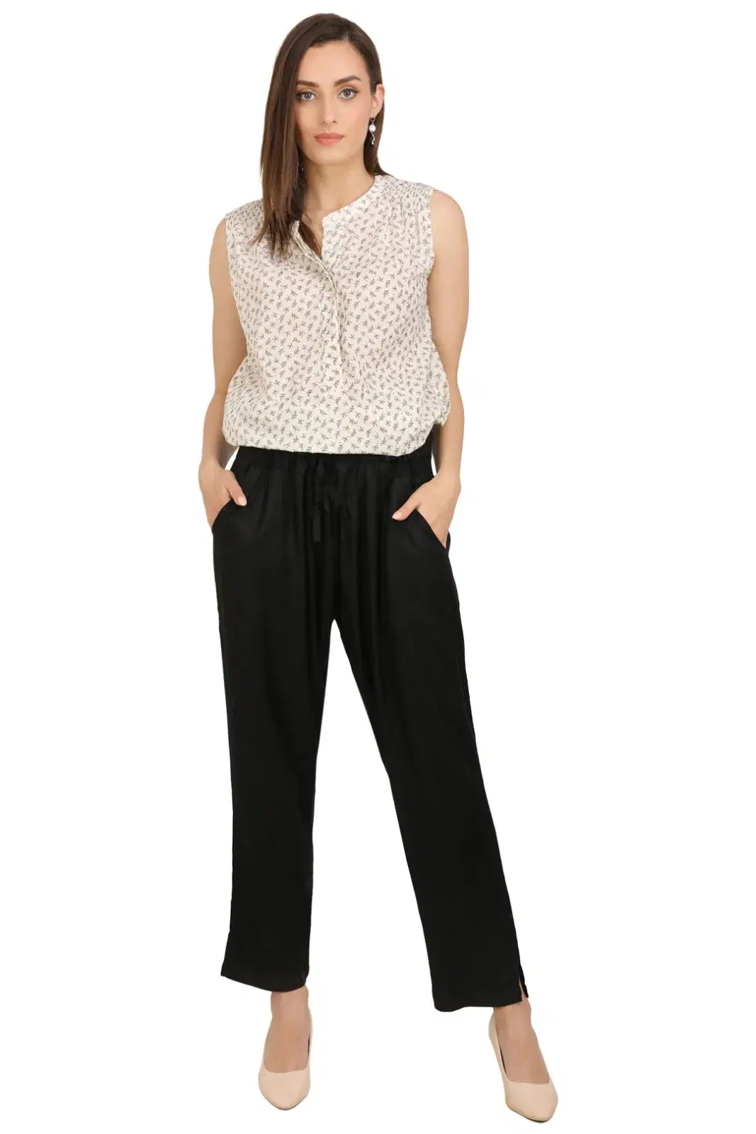 Women’s Sleeveless Printed Top with Black Straight Pants Co-ord Set