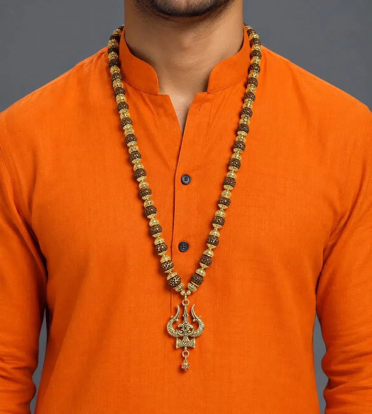Men's Rudraksha Beaded Trishul Pendant Necklace