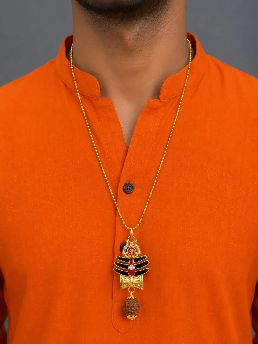 Gold-Toned Rudraksha Trishul Om Pendant Necklace for Men