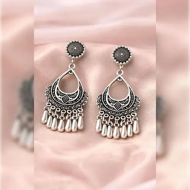 Designer Oxidised Silver-Tone Dangle Earrings for Women Teardrop Ethnic Earrings