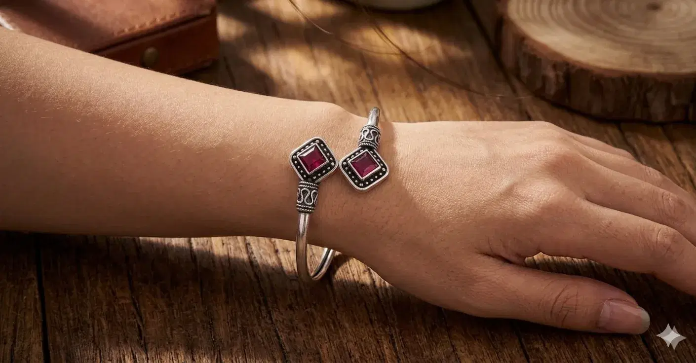 Oxidised Silver-Tone Open Cuff Bracelet with Red Stone Accents