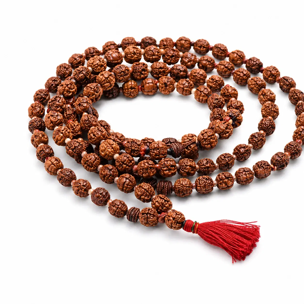 Rudraksha Prayer Mala Beads Necklace with Red Tassel