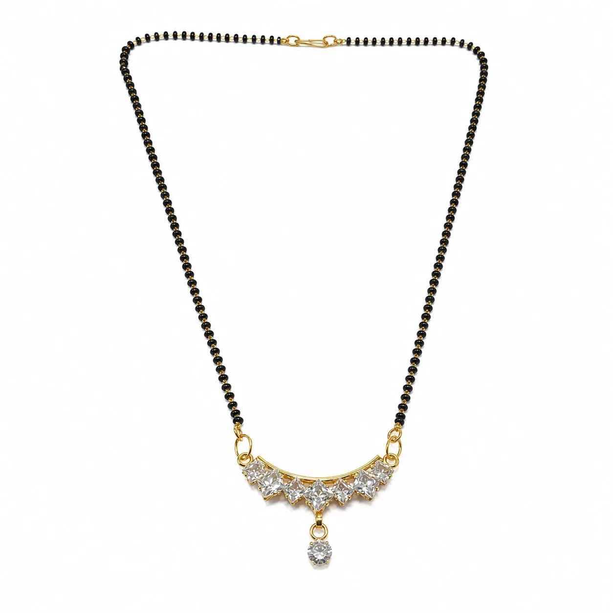 Gold-Toned Black Beaded Mangalsutra Necklace with Crystal Pendant