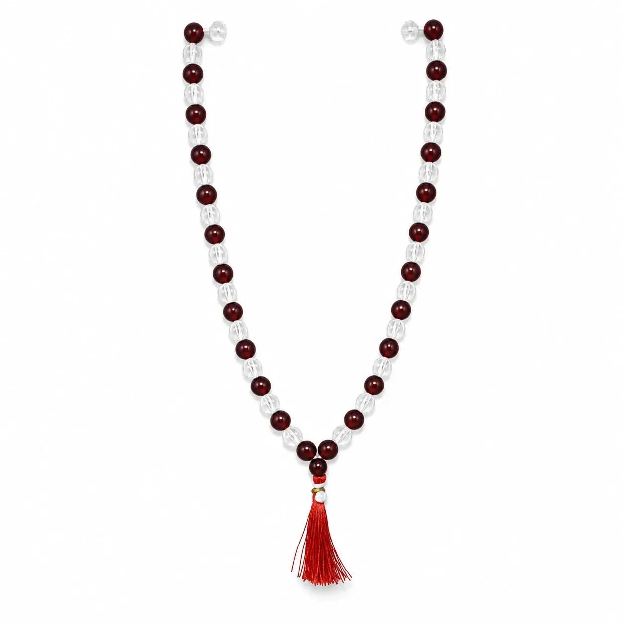 Handmade Crystal and Maroon Beaded Prayer Mala Necklace with Tassel