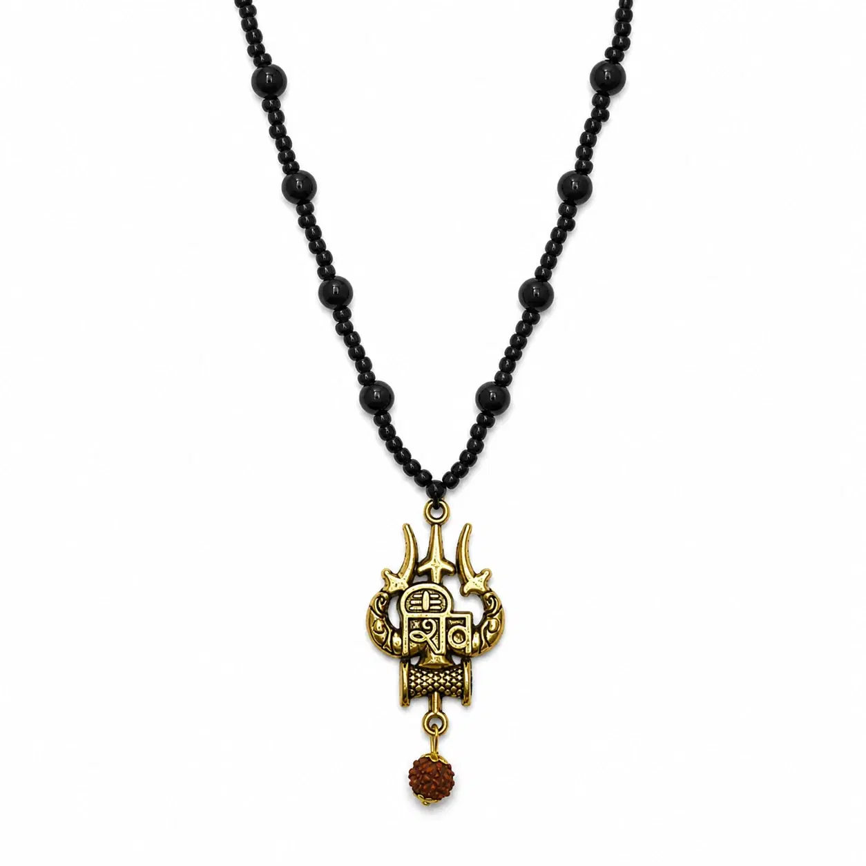 Black Beaded Shiv Trishul Pendant Necklace