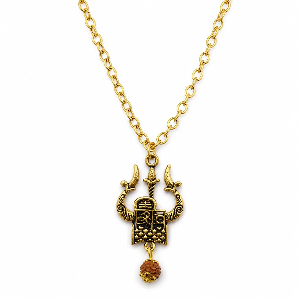 Gold-Tone Religious Pendant Chain Necklace with Rudraksha Bead