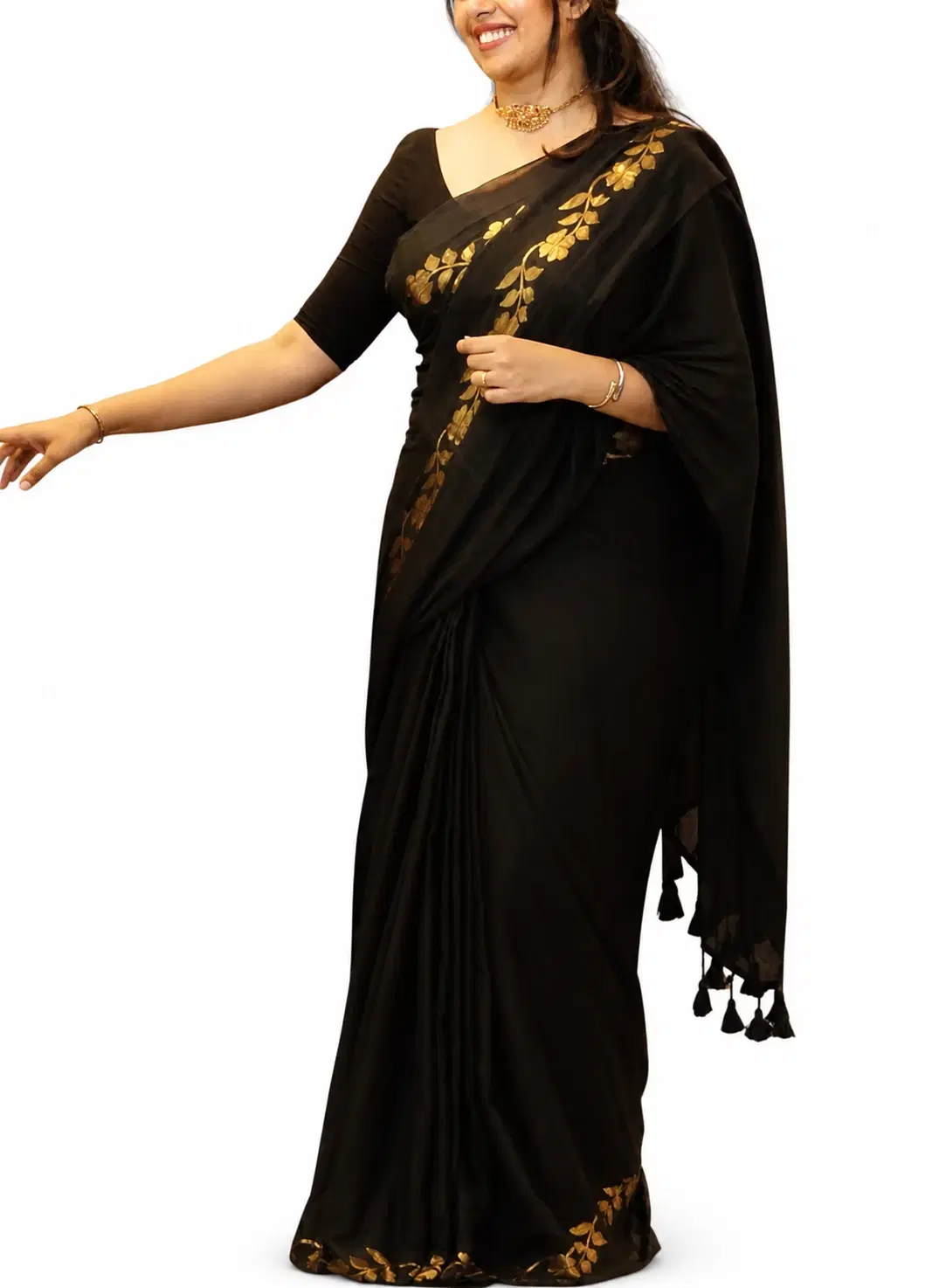 Black Floral Print Stole with Tassels and Zari