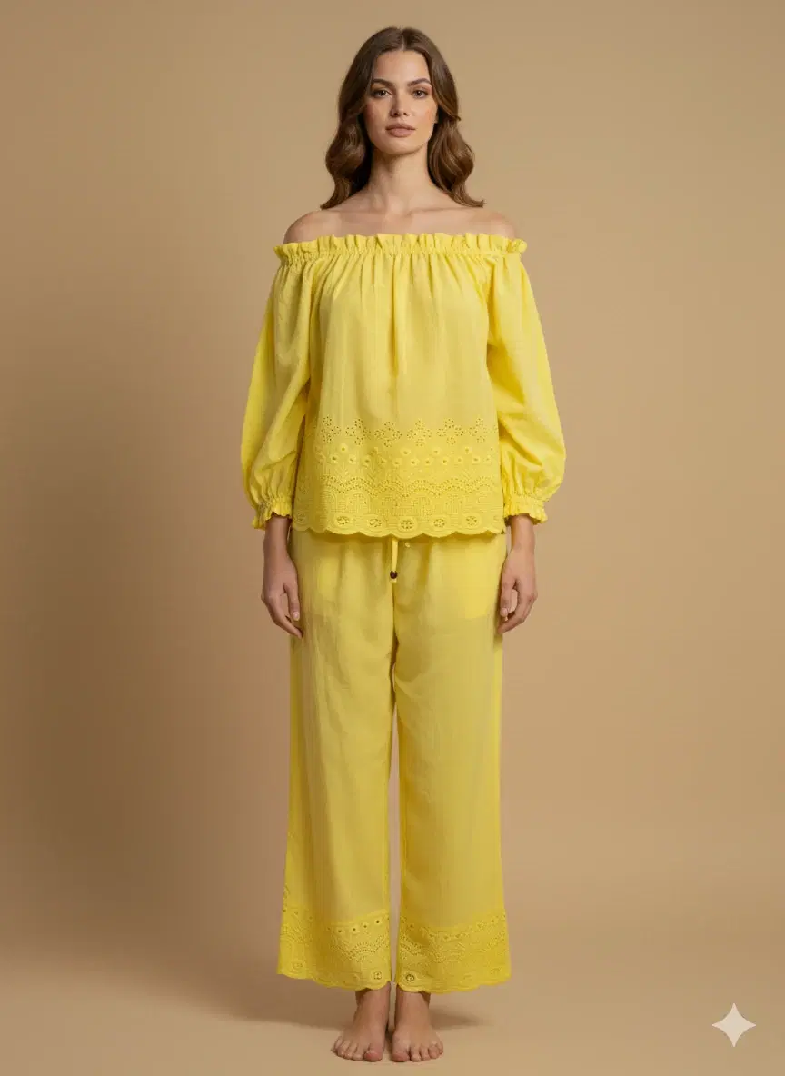 Women Yellow Off-Shoulder Embroidered Top & Palazzo Co-ord Set