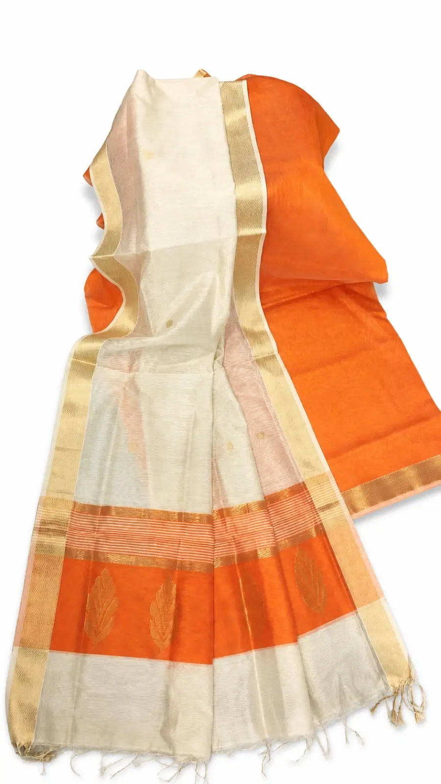 Off-White handloom Sarees with Golden Leaf Border and contrast blouse piece