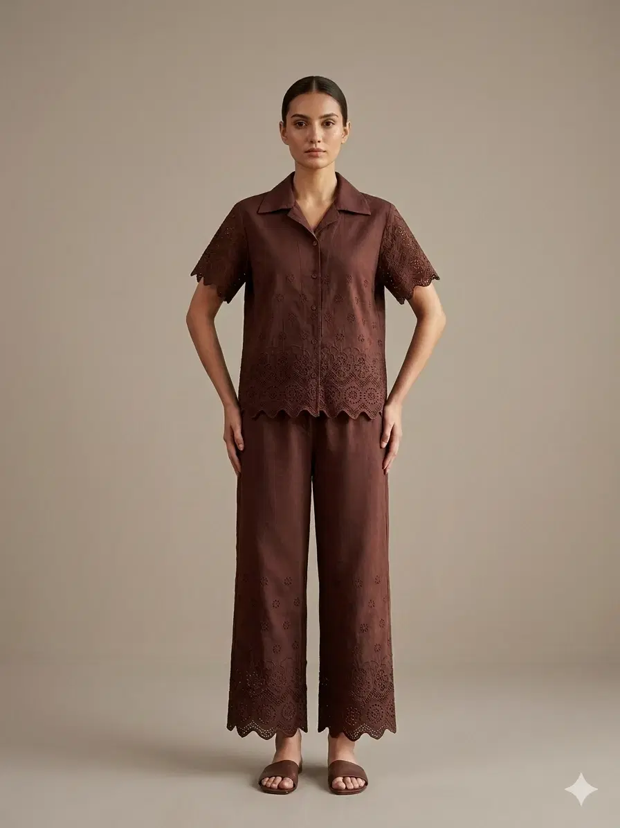 Women's Brown Embroidered Co-Ord Shirt and Wide-Leg Pants Set