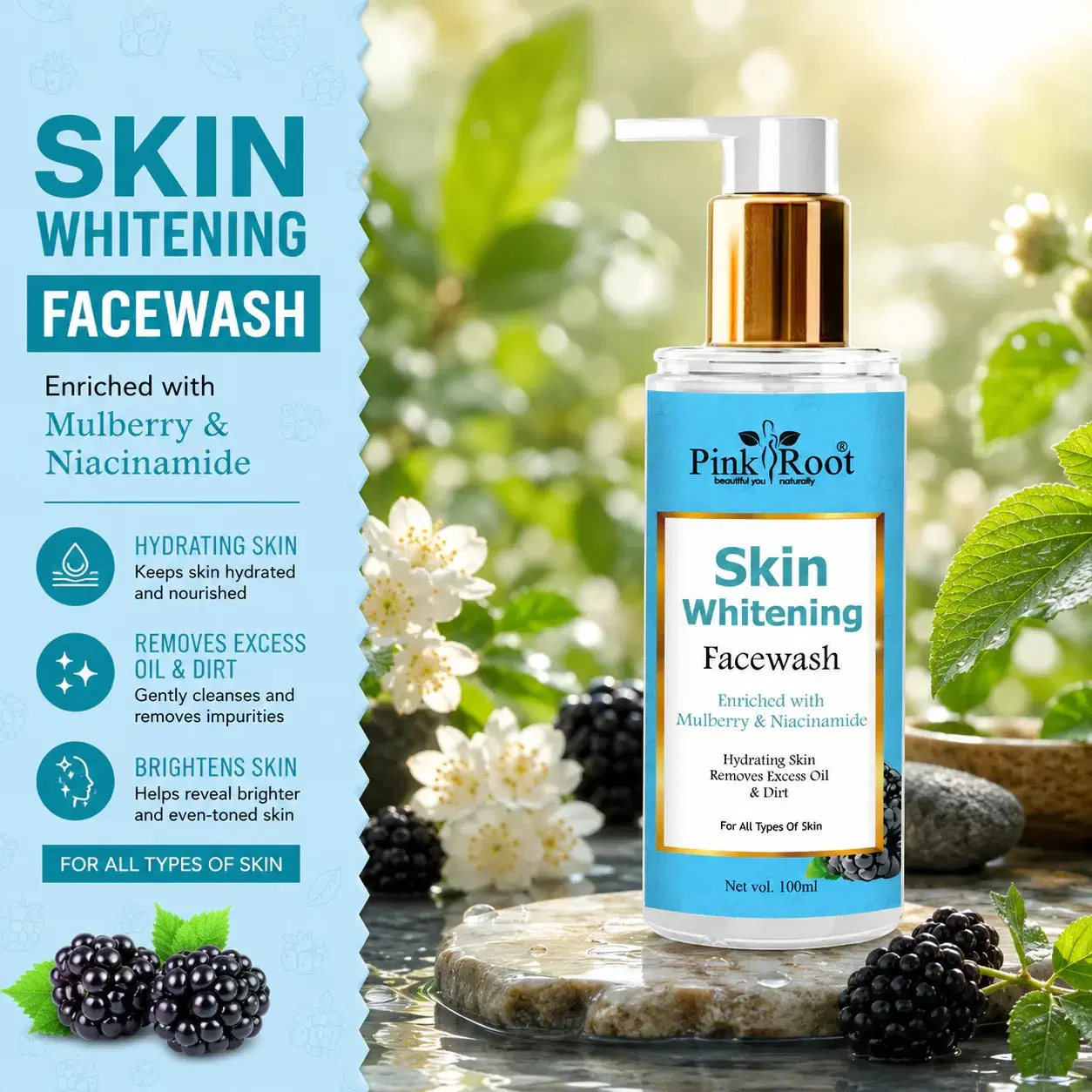Pink Root Skin Whitening Face Wash 100ml - Deep Cleansing Skin Whitening Facial Foam, face wash, for all skin types Face Wash