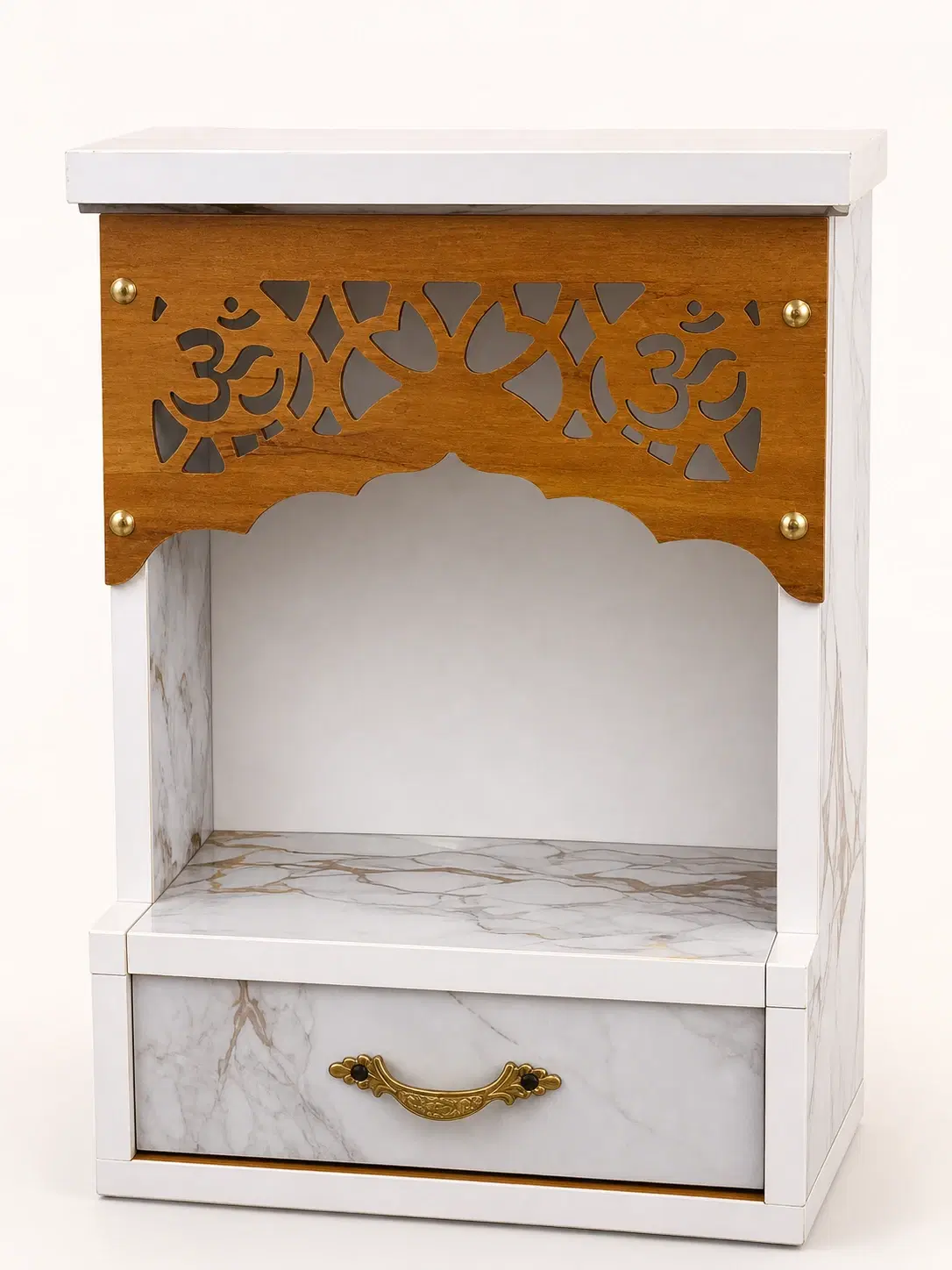 Wooden Home Temple with Drawer and Om Cutwork Design