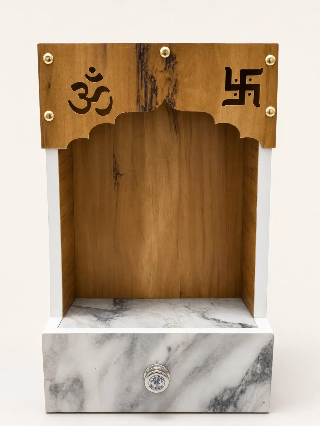 Wooden Pooja Mandir with Drawer and Om-Swastik Cutwork