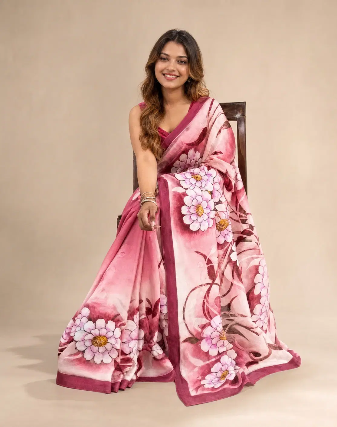 Women's Pink Floral Printed Saree with Blouse Piece
