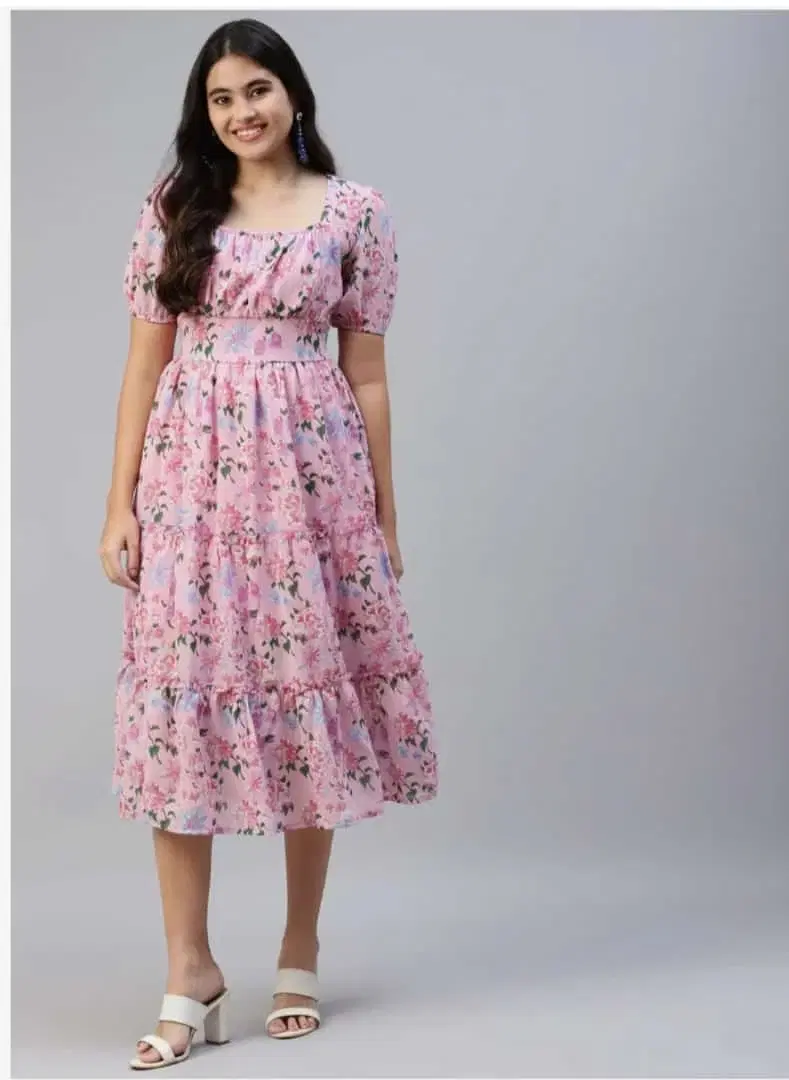 Women Pink Floral Print Puff Sleeve Midi Dress