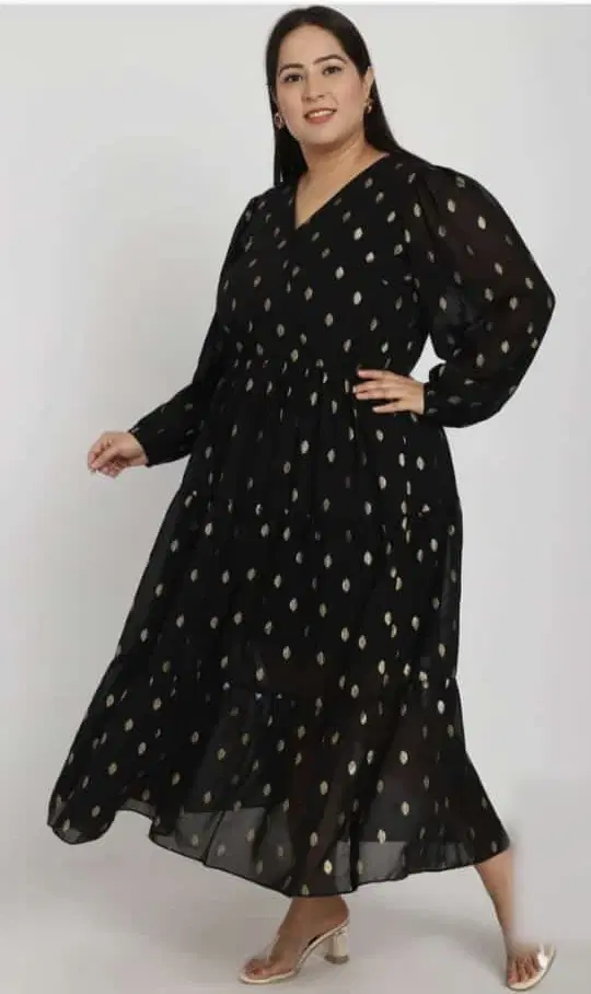 Women Black Foil Print V-Neck Maxi Dress