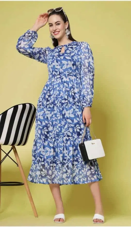 Women Blue Floral Print Midi Dress