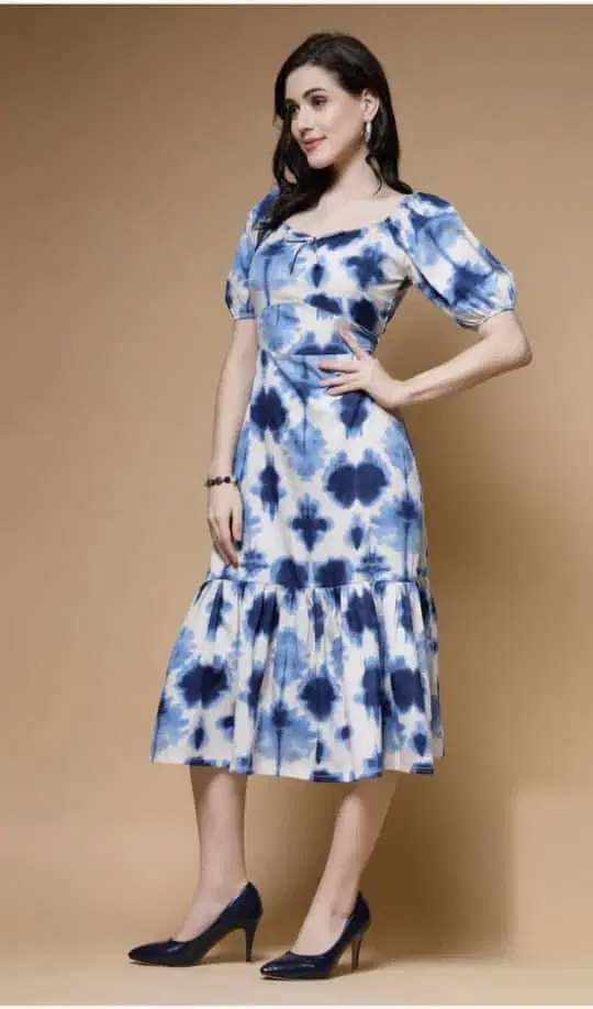 Women's Blue Tie-Dye Puff Sleeve Midi Dress
