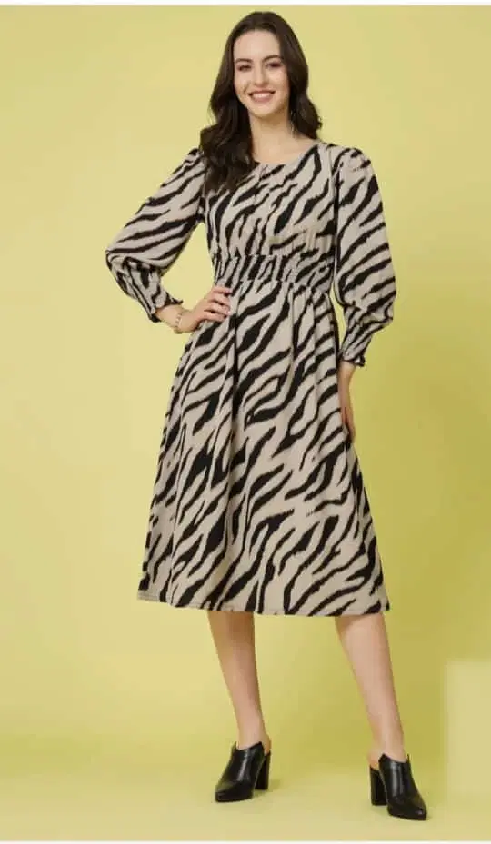 Women’s Zebra Print Midi Dress with Puff Sleeves