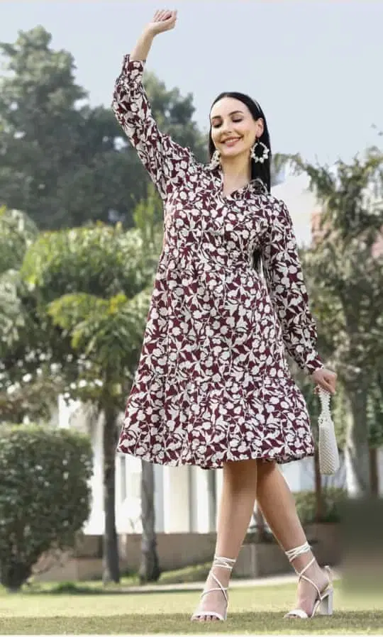 Women’s Maroon Floral Print Knee-Length Dress