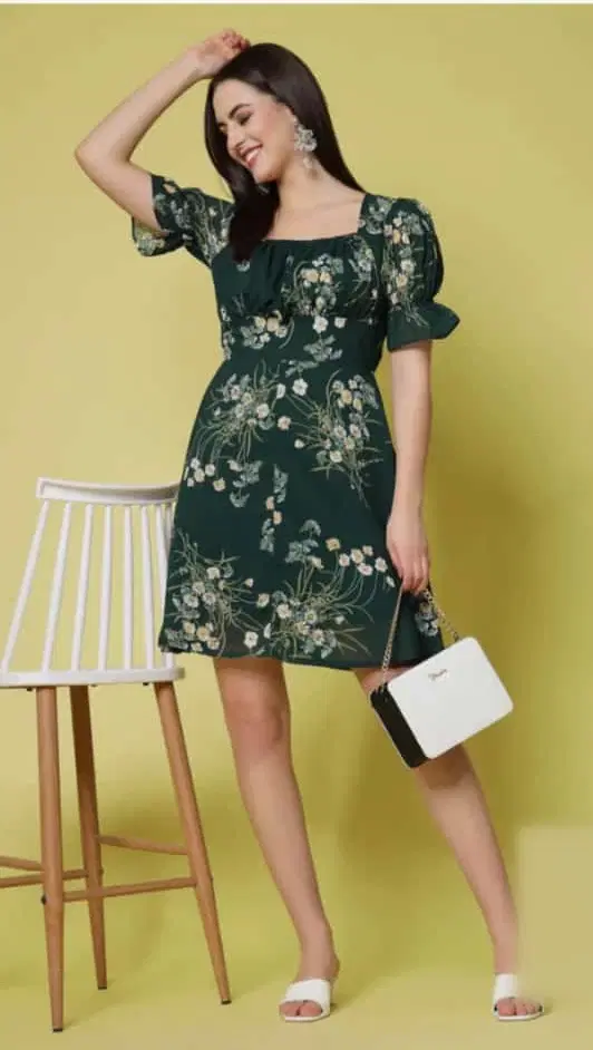 Women Green Floral Print Puff Sleeve Mini Dress