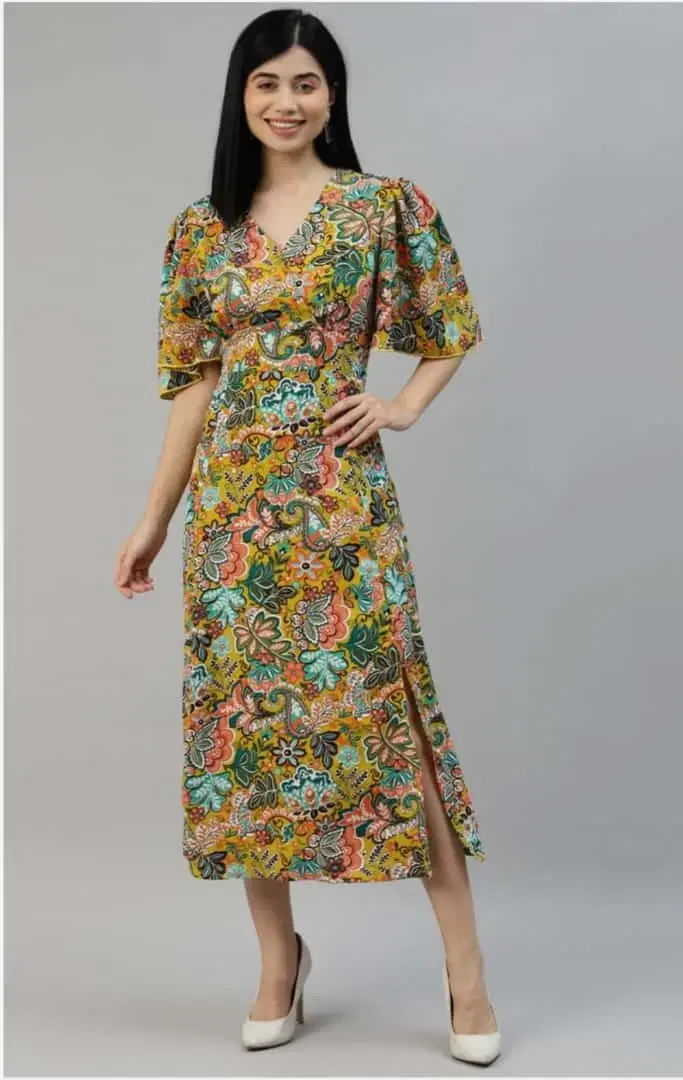Women’s Floral Print V-Neck Midi Dress with Puff Sleeves