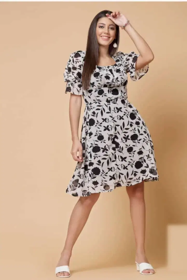 Women White & Black Floral Print Knee-Length Dress
