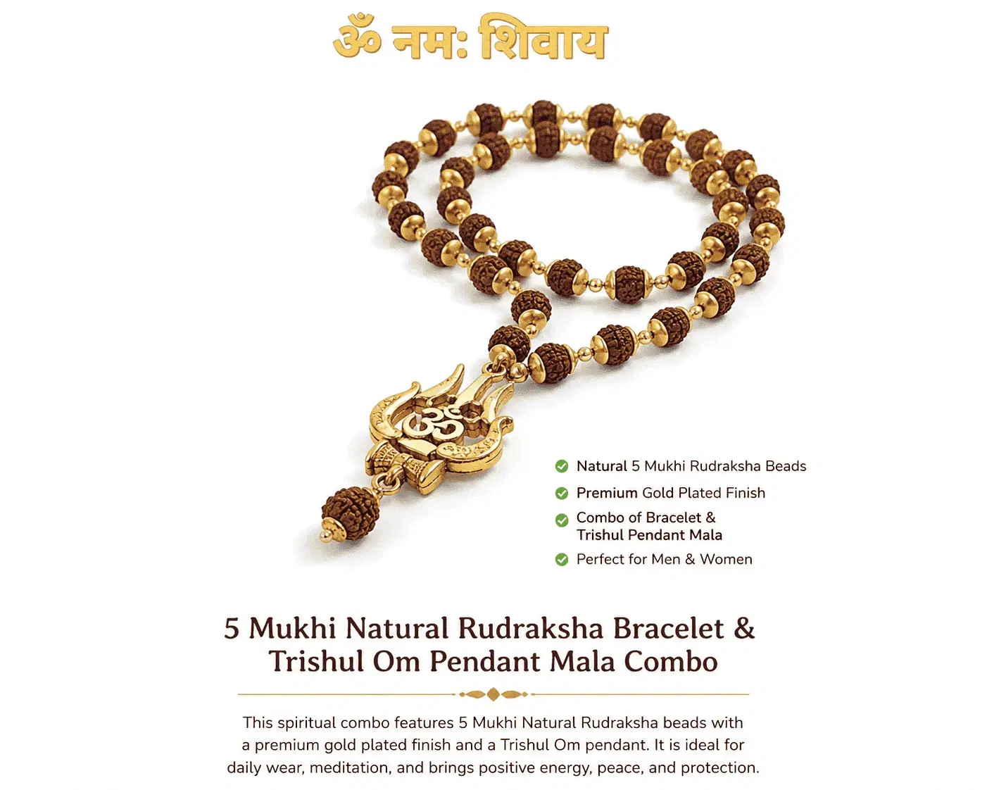 5 Mukhi Natural Rudraksha Bracelet & Trishul Om Pendant Mala Combo