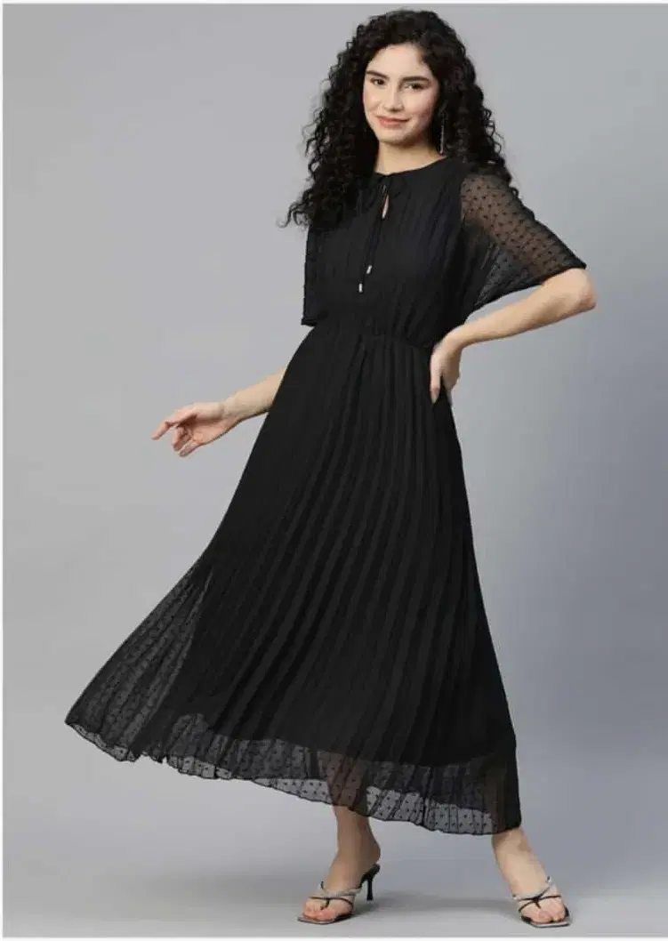 Women's Black Pleated Maxi Dress with Sheer Sleeves